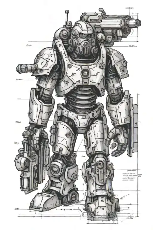 fallout power armour blueprint, schematic drawing, 2D tattoo design idea