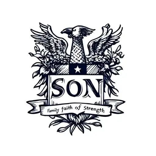 Family, faith, strength, integrity, honor son coat of arms  tattoo design idea