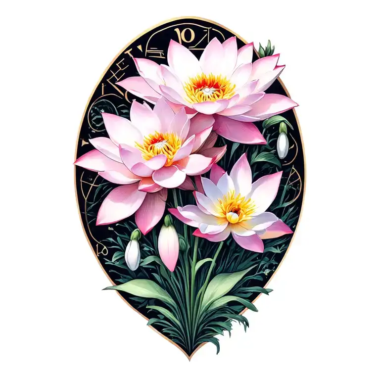 cosmos flower,snowdrop flower, lotus flowers and cancer zodiac, libra zodiac symbol and Aquarius zodiac symbol  tattoo design idea