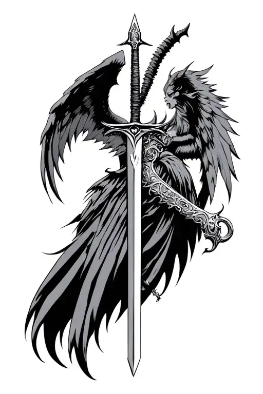 Valkyrie sword and wing demon tattoo design idea