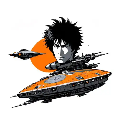 cowboy bebop tattoo with the headshot of spike spiegel in front of the spaceship, in orange and black tattoo design idea
