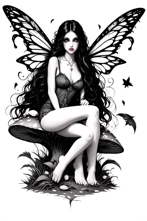 create a goth fairy with long black hair sitting in a mushroom fantasy land  tattoo design idea