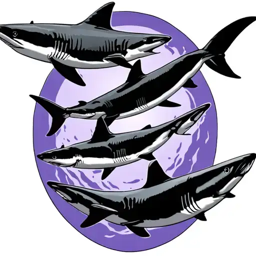 five mako sharks swimming in a circle with a lavender border  tattoo design idea