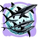 five mako sharks swimming in a circle with a lavender border  tattoo design idea