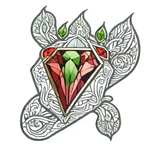 thin lined tattoo with a diamond , amethyst , red stone and green stone made into a paw  tattoo design idea