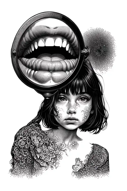 A girl with a huge mouth of a stranger looks in the mirror tattoo design idea