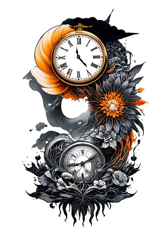 Fine line dark black and grey tattoo design for a right arm sleeve, cyber punk Japanese theme of time, journey tattoo design idea