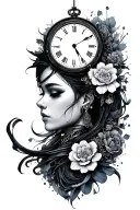 Fine line dark black and grey tattoo design for a right arm sleeve, cyber punk Japanese theme of time, journey tattoo design idea