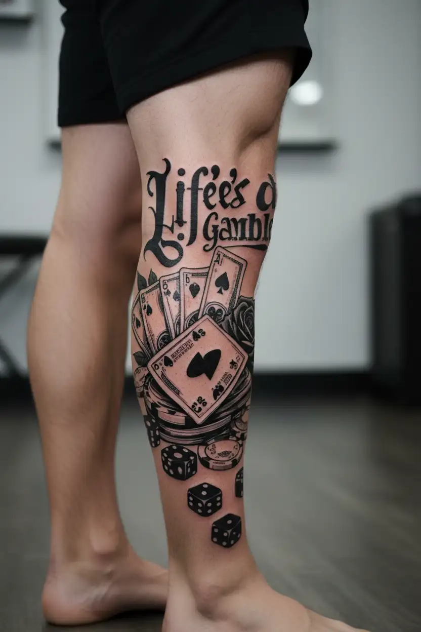 "Life's a Gamble" casino themed featuring chips, money, dice, cards, and a rose some where in the background tattoo design idea