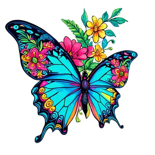 A butterfly with exotic floral patterns and vibrant colors inspired by streaming platforms tattoo design idea