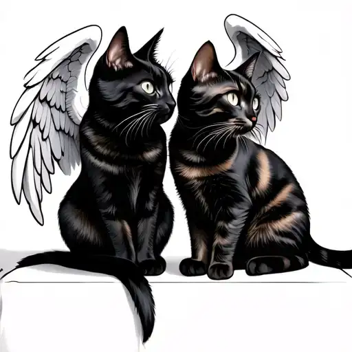 black cat wearing angel wings facing and sitting next to another cat without angel wings tattoo design idea