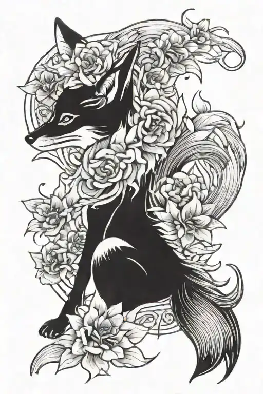 kitsune,lili flowers and back ground tattoo design idea