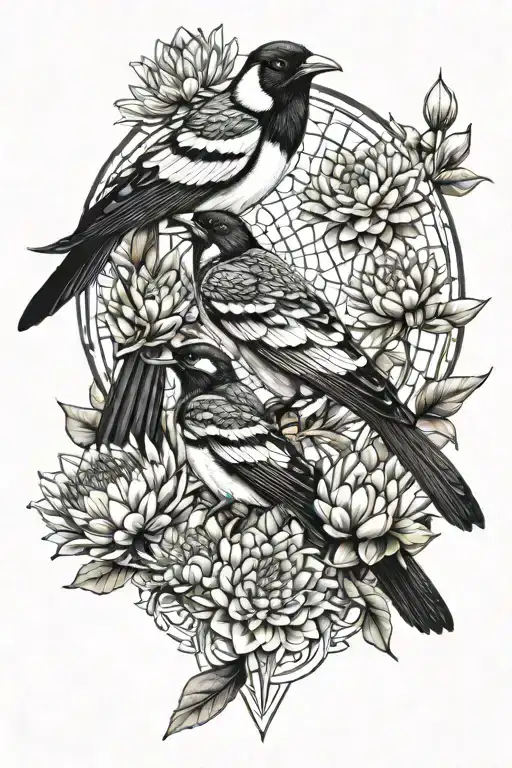 2 magpies and protea with sacred geometry elements tattoo design idea