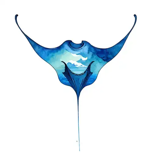 stingray with mountains in it as watercolor and lineart tattoo design idea