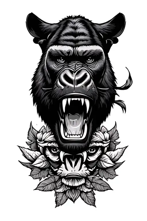 american traditional puma with gorilla face and sharp teeth with a amazing background tattoo design idea