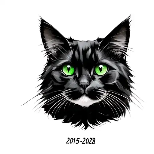 "2015-2028" a majestic black norweigan forest cat sitting up with green eyes tattoo design idea