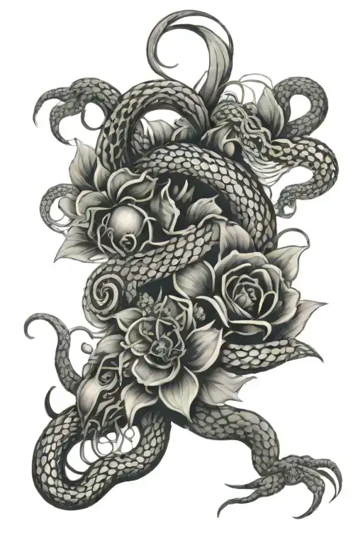 Snake flowers spiders weaving their webs tattoo design idea