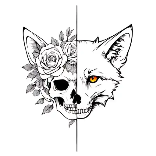 one side of the fox face be skull other side beautiful and rose tattoo design idea