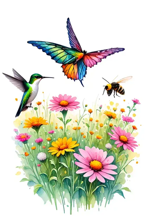 a field of Wild flowers with a Butterfly, a hummingbird, and a honey bee flying or feeding from the flowers  tattoo design idea