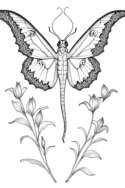 Luna moth with lace design in wings and a hidden semicolon with three Lilys  behind it in black and white elegant tattoo design idea