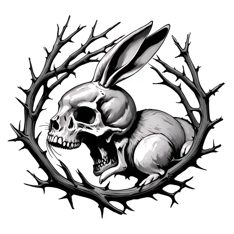 skull and evil rabbit surrounded by thorn branches tattoo design idea