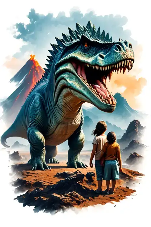 mom and son seen form behind watch a prehistoric landscape, a volcano in the background, stegosaurus is eating nearby tattoo design idea