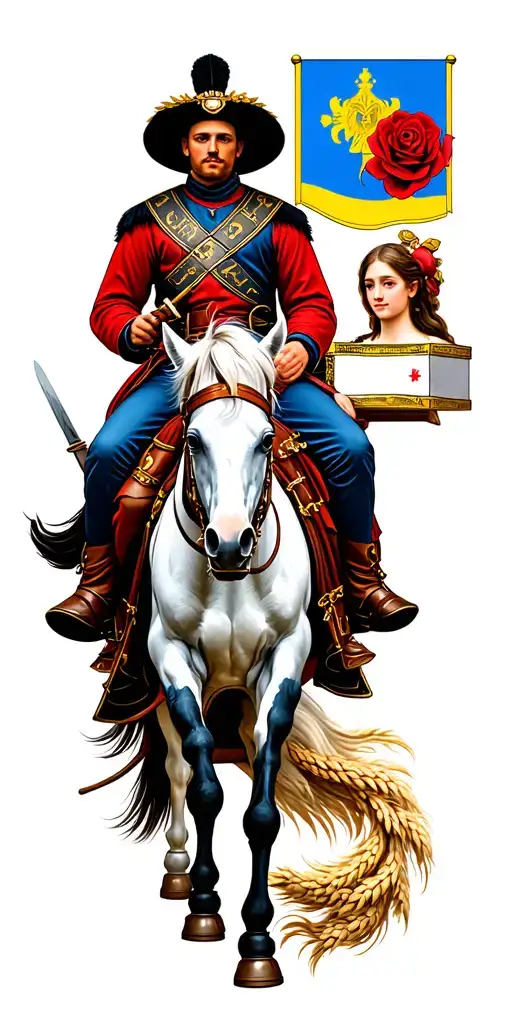 Cossack on a horse with a saber, a rose of wind, a girl who opened a box of Pandora, coat of arms of Ukraine, spikelets, flag of Ukraine, embroidery tattoo design idea