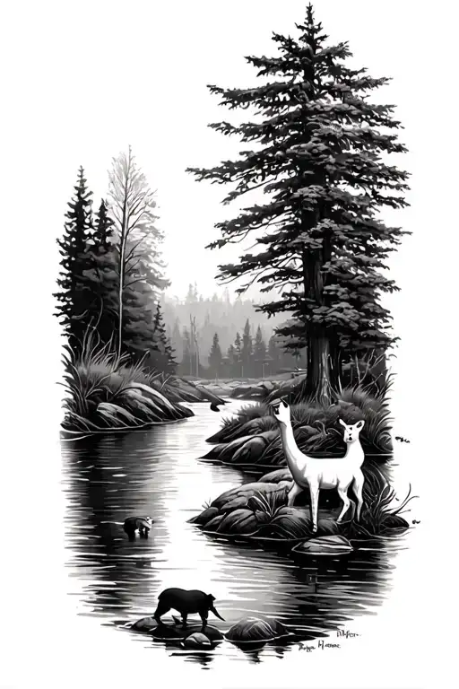outdoor scene with River and animals tattoo design idea