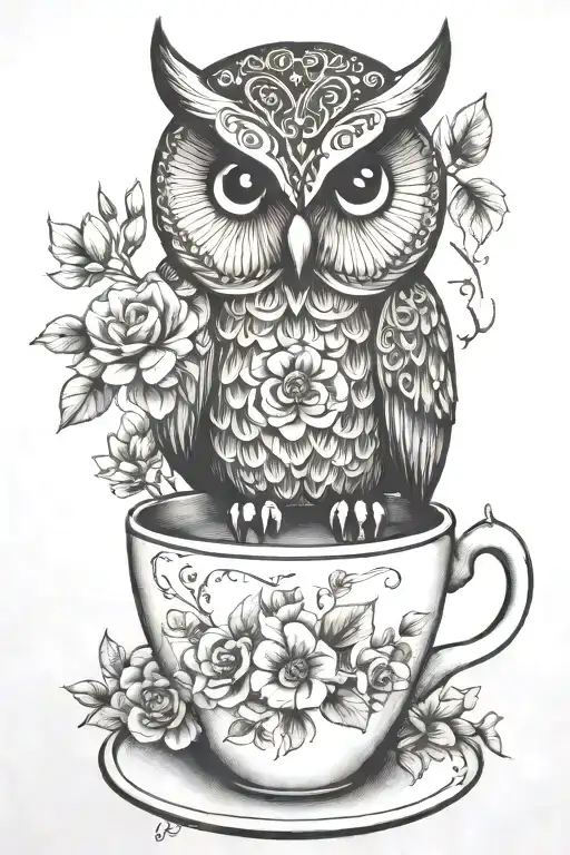 owl, coffee cup, tree, flowers tattoo design idea