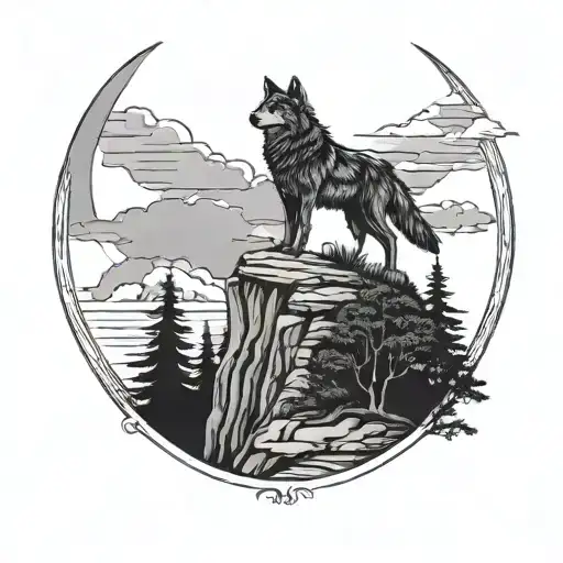 Lone wolf standing on a cliff under a crescent moon tattoo design idea