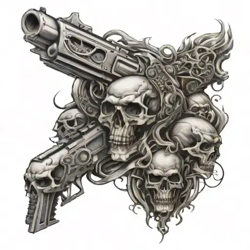 badass arm sleeve with guns, skulls, smoke, storms, war symbols and shading. include mystic and mythical creatures and w tattoo design idea