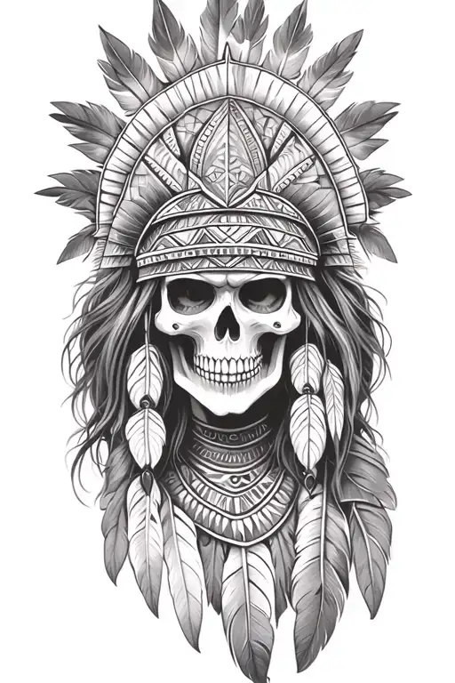 aztec warrior girl, skeletal fierce face, crown skull, geometric patterns feathers, spirituality, afterlife, death tattoo design idea