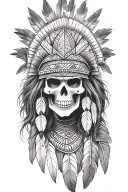 aztec warrior girl, skeletal fierce face, crown skull, geometric patterns feathers, spirituality, afterlife, death tattoo design idea