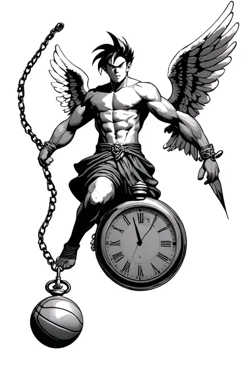 Sangohan, pocket watch, angel warrior with wings, basketball tattoo design idea
