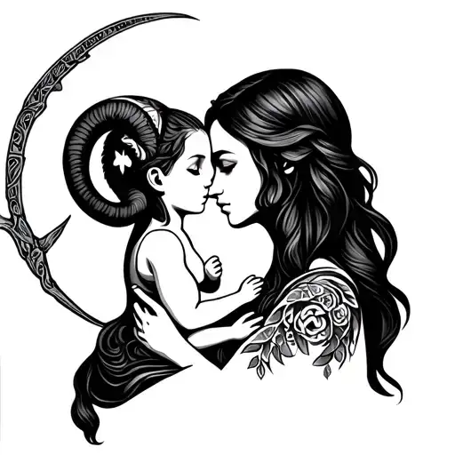 Sagittarius mother holding Aries baby girl tattoo design idea