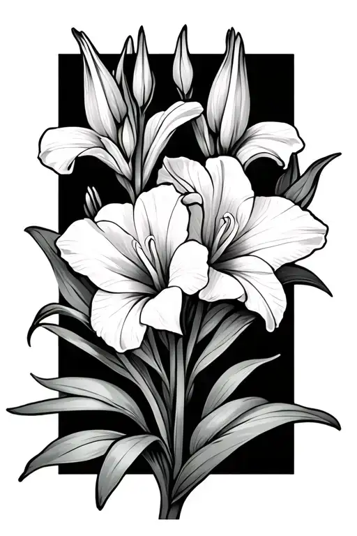 gladiolas black and white. 2 blooms and a small amount of greenery tattoo design idea