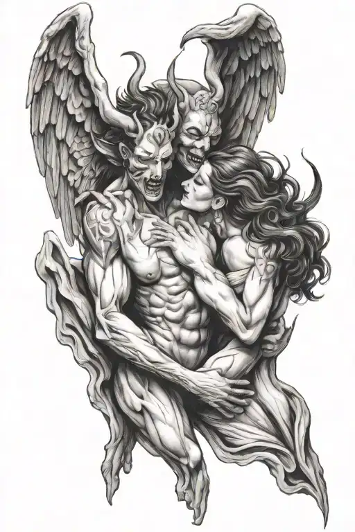 a demon and angel holding themselves and kiss mark tattoo design idea
