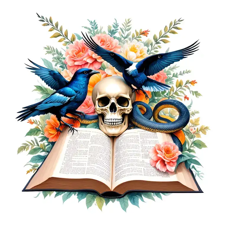 books surrounded by florals, snakes, crows flying skulls tattoo design idea