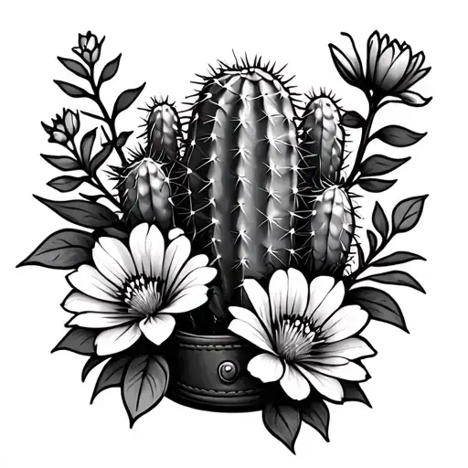 Cactus with flowers and tooled leather around it tattoo design idea
