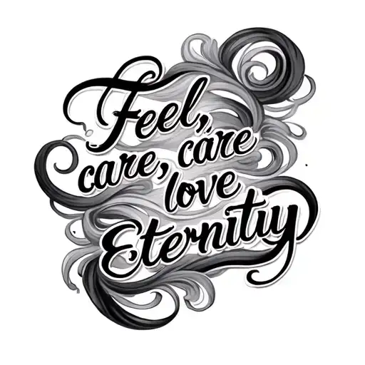 text that says "feel, care, love, eternity" surrounded by indescribable swirls that dance along the text tattoo design idea