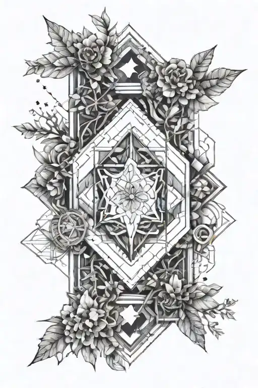 For a tattoo design that combines elements of geometry, honeycomb, horseshoe, compass, hourglass, arrow, tree and all-se tattoo design idea