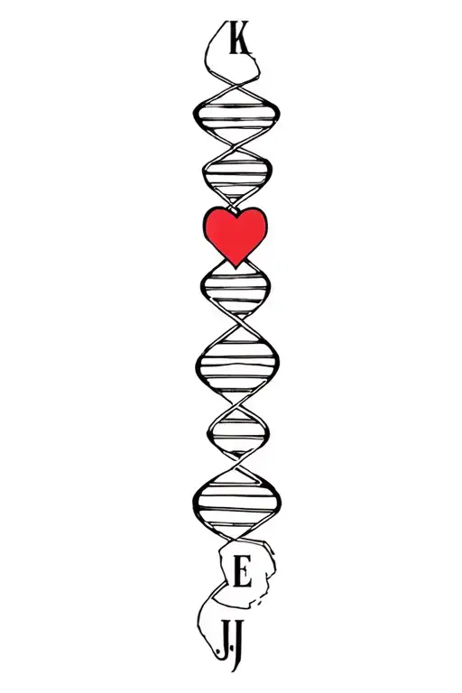 back tattoo on the spine goin down with a heart in the middle the letter K M J E some symmetrical figures and a DNA stra tattoo design idea