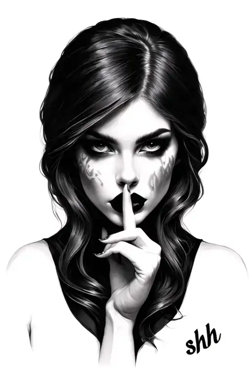 Realistic woman, eyes hidden, finger to lips in 'shh' pose, mysterious and magical aura, hot lips tattoo design idea