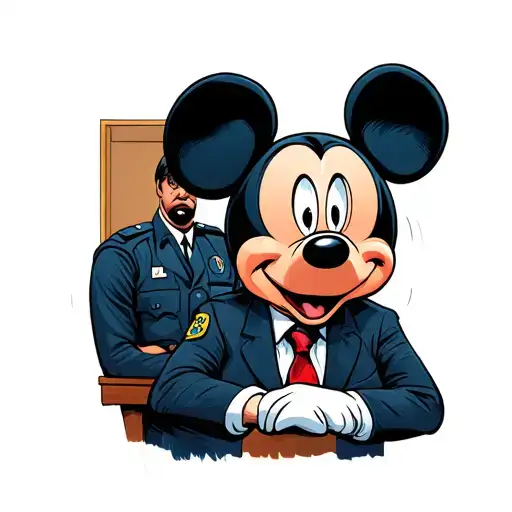 micky mouse crying in a interrogation room with detectives frowning at him  tattoo design idea