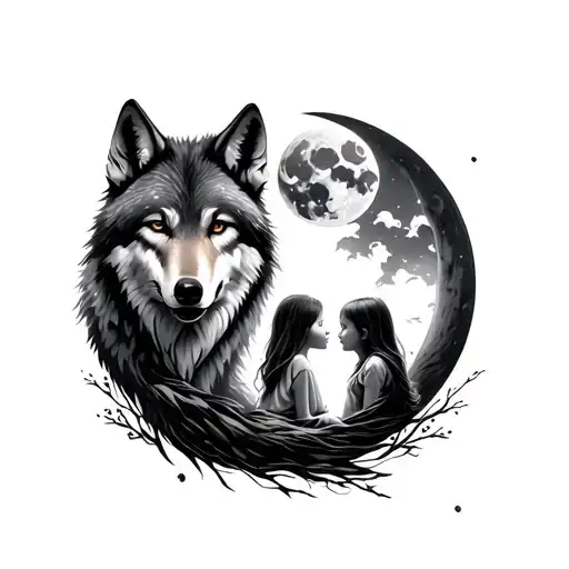 wolf and  moon and children tattoo design idea