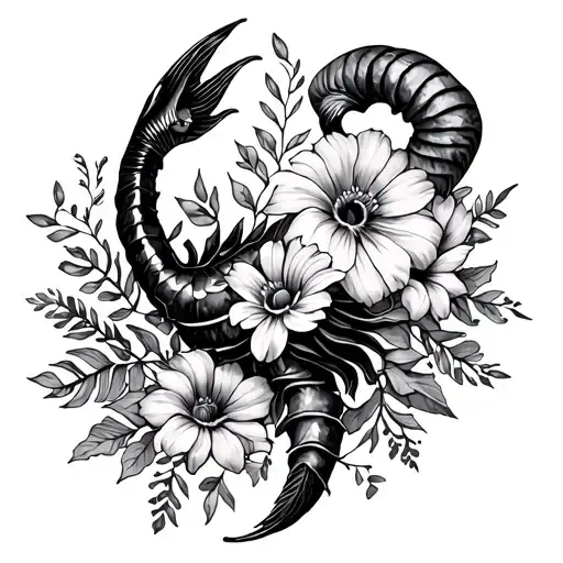 Combined Tattoo with zodiac signs Pisces, Scorpio, and Aries including birth month flowers tattoo design idea