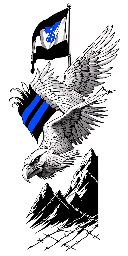 mountain scape, blue line police flag, barbed wire and eagle tattoo design idea