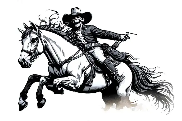 cowboy riding a jumping horse with a skull as a head tattoo design idea