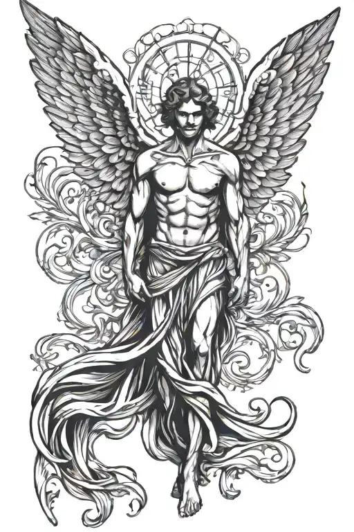 angel man with open wings facing front tattoo design idea