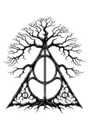 deathly hallows with knowledge tree growing tattoo design idea